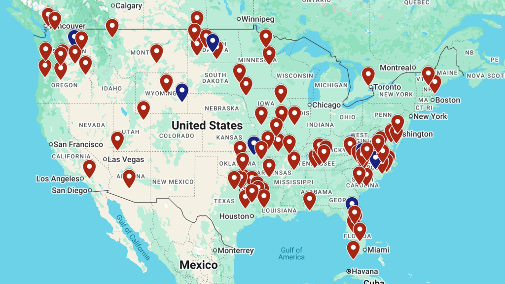 Map of MinMax eSMART customer deployments across North America