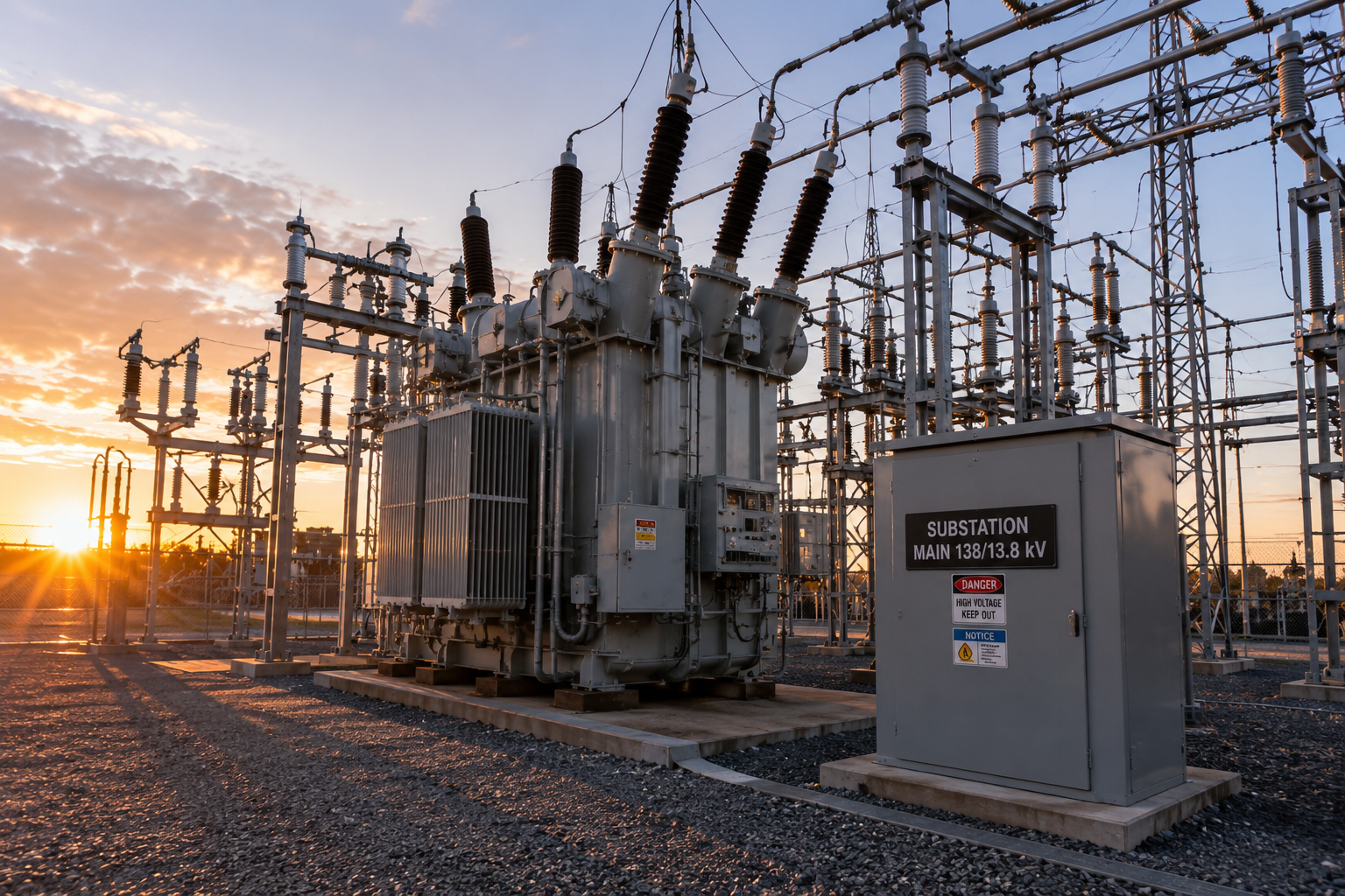 Substation transformer and high-voltage equipment at sunset