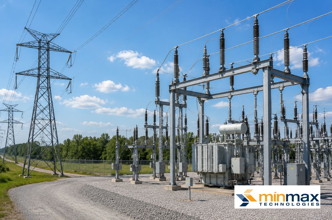 High-voltage transmission lines and a substation across rural terrain